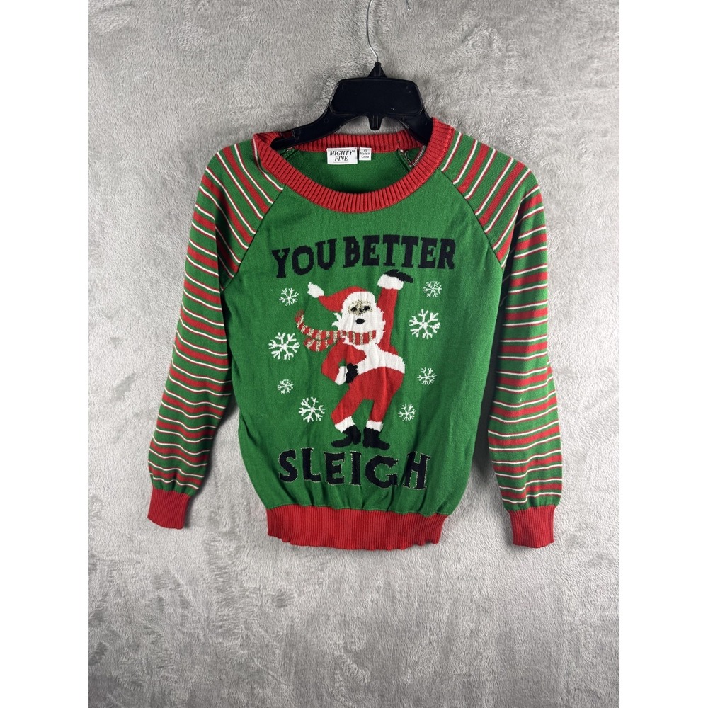 Mighty Fine Sweater Kids XS Green Santa You Better Sleigh Ugly Christmas Party